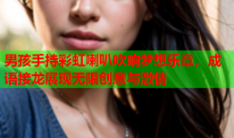男孩手持彩虹喇叭吹响梦想乐章，成语接龙展现无限创意与激情