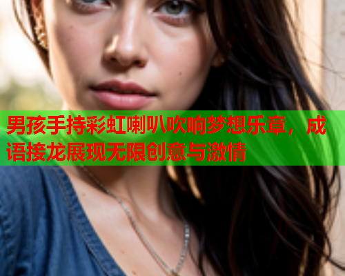 男孩手持彩虹喇叭吹响梦想乐章，成语接龙展现无限创意与激情