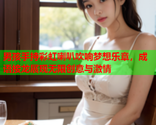 男孩手持彩虹喇叭吹响梦想乐章，成语接龙展现无限创意与激情